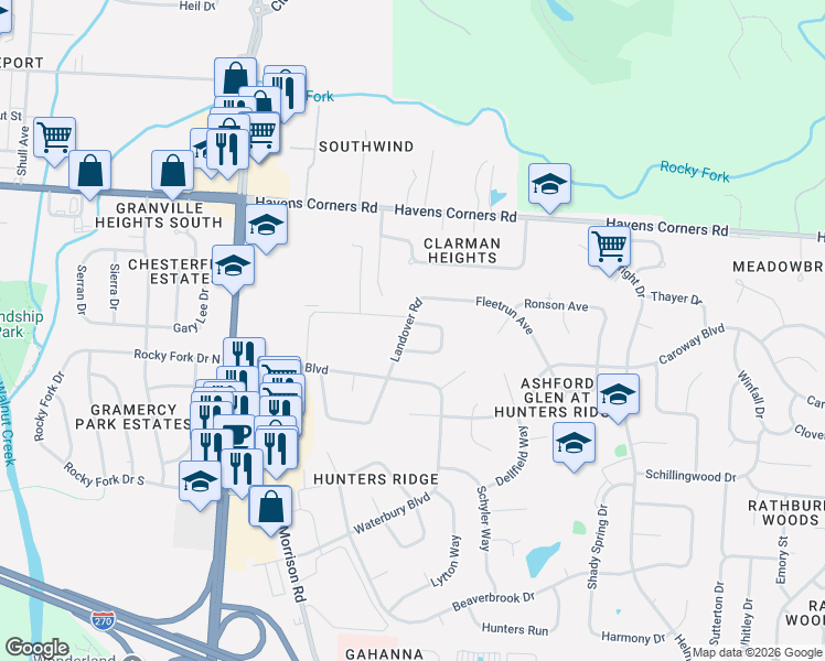 map of restaurants, bars, coffee shops, grocery stores, and more near 194 Landover Road in Gahanna