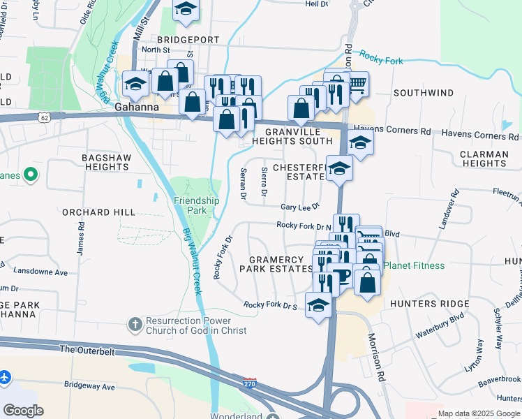 map of restaurants, bars, coffee shops, grocery stores, and more near 276 Rocky Fork Drive North in Columbus