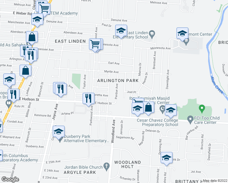 map of restaurants, bars, coffee shops, grocery stores, and more near 2240 Perdue Avenue in Columbus
