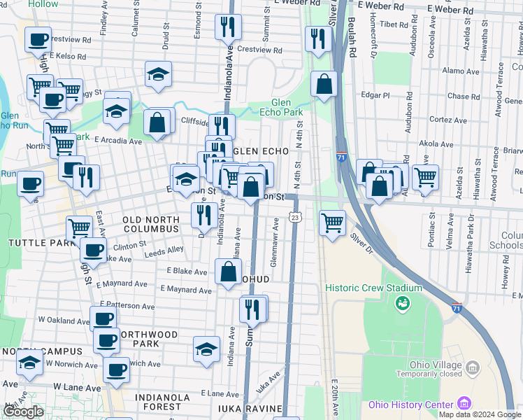 map of restaurants, bars, coffee shops, grocery stores, and more near 429 East Tompkins Street in Columbus