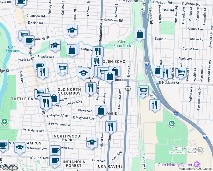 map of restaurants, bars, coffee shops, grocery stores, and more near 373 East Tompkins Street in Columbus
