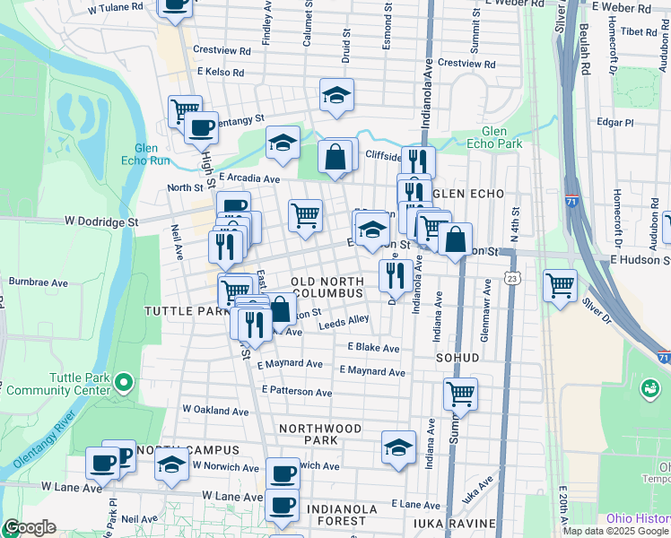 map of restaurants, bars, coffee shops, grocery stores, and more near 205 East Tompkins Street in Columbus