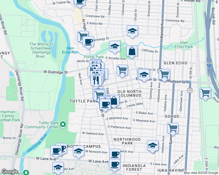 map of restaurants, bars, coffee shops, grocery stores, and more near 42 East Tompkins Street in Columbus