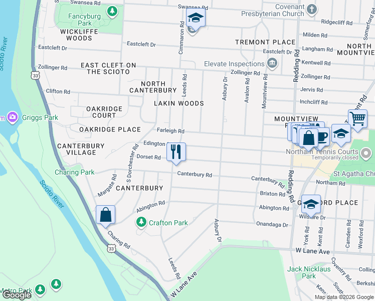 map of restaurants, bars, coffee shops, grocery stores, and more near 2512 Dorset Road in Columbus
