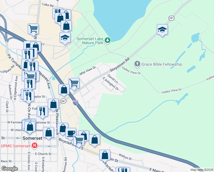 map of restaurants, bars, coffee shops, grocery stores, and more near 111 Willow Lane in Somerset