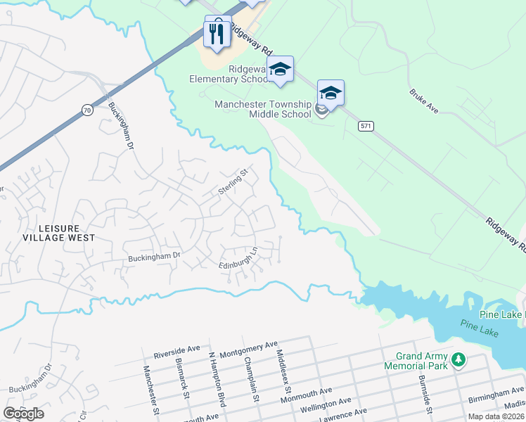 map of restaurants, bars, coffee shops, grocery stores, and more near 46A Edinburgh Lane in Manchester Township
