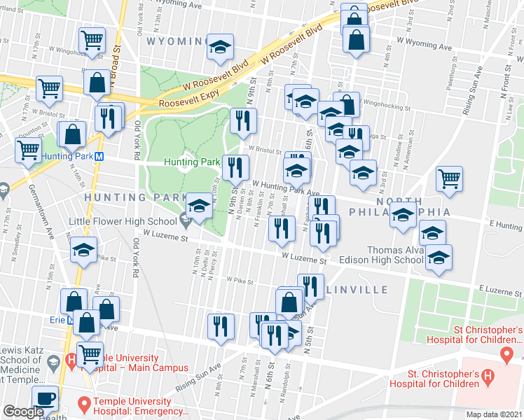 map of restaurants, bars, coffee shops, grocery stores, and more near 4115 North Franklin Street in Philadelphia