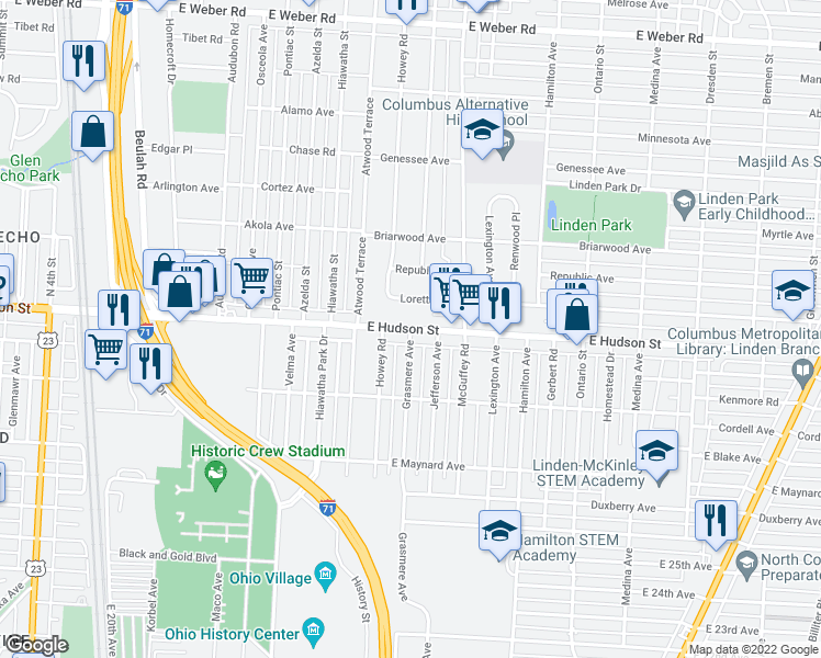 map of restaurants, bars, coffee shops, grocery stores, and more near E Hudson St & Grasmere Ave in Columbus