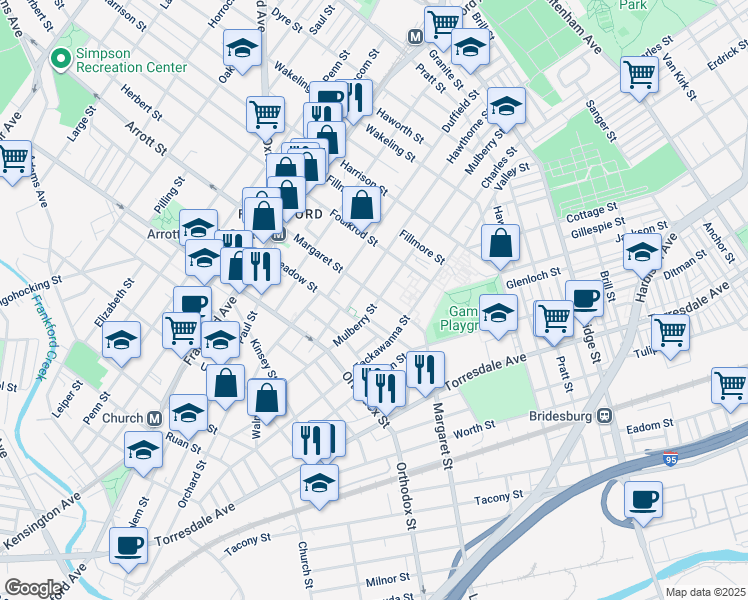 map of restaurants, bars, coffee shops, grocery stores, and more near 1750 Margaret Street in Philadelphia