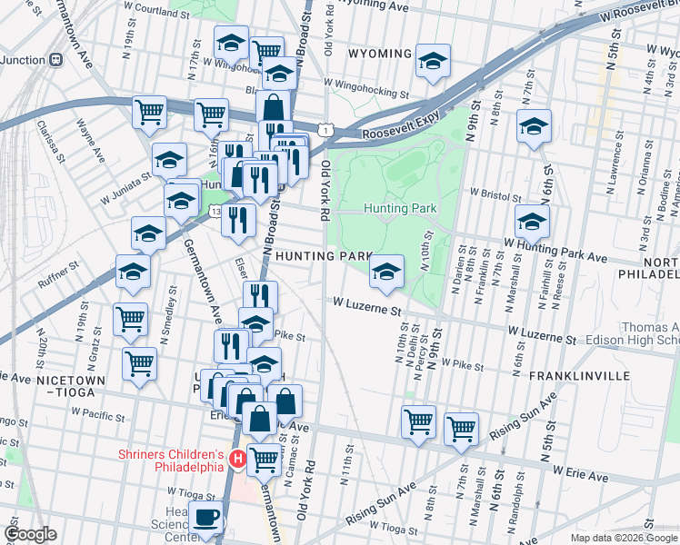 map of restaurants, bars, coffee shops, grocery stores, and more near 4023 Old York Road in Philadelphia