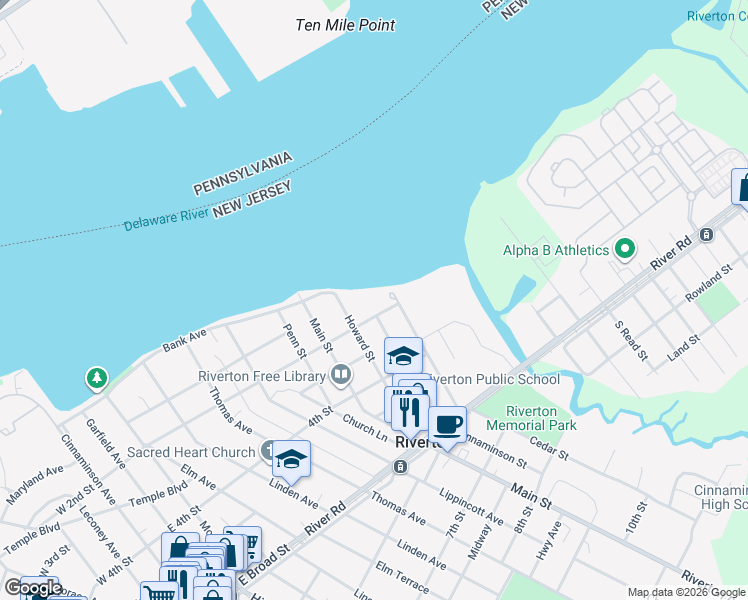 map of restaurants, bars, coffee shops, grocery stores, and more near 200 Fulton Street in Riverton
