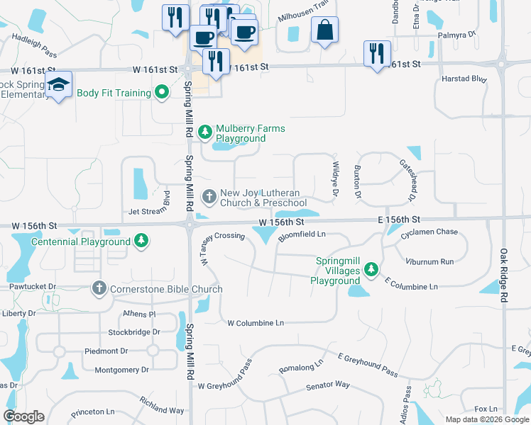 map of restaurants, bars, coffee shops, grocery stores, and more near 15602 River Birch Road in Westfield