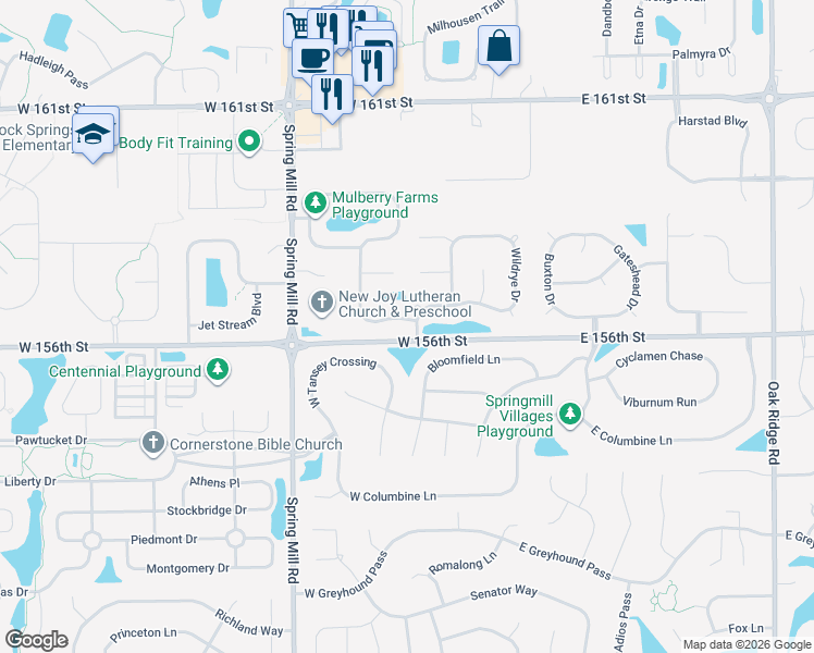 map of restaurants, bars, coffee shops, grocery stores, and more near 15602 River Birch Road in Westfield