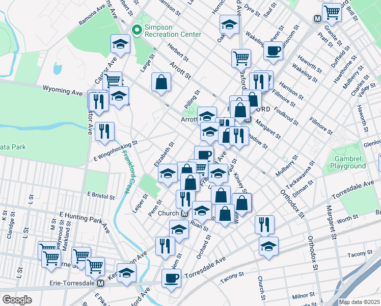 map of restaurants, bars, coffee shops, grocery stores, and more near 4446 Penn Street in Philadelphia