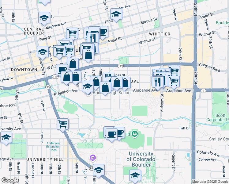 map of restaurants, bars, coffee shops, grocery stores, and more near 1912 Arapahoe Avenue in Boulder