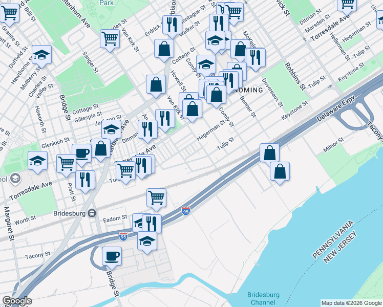 map of restaurants, bars, coffee shops, grocery stores, and more near 5710 Tulip Street in Philadelphia