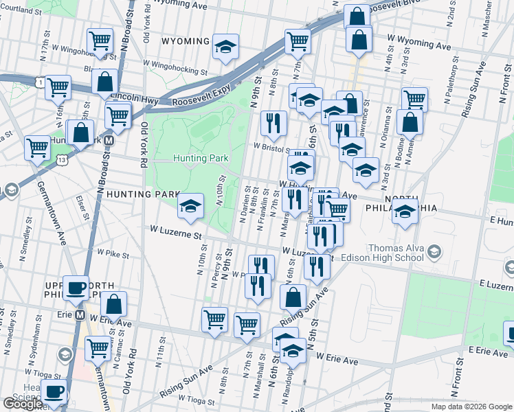 map of restaurants, bars, coffee shops, grocery stores, and more near 709 West Lycoming Street in Philadelphia