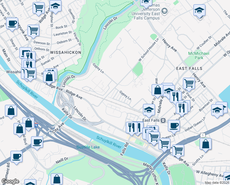 map of restaurants, bars, coffee shops, grocery stores, and more near 3613 Winona Street in Philadelphia