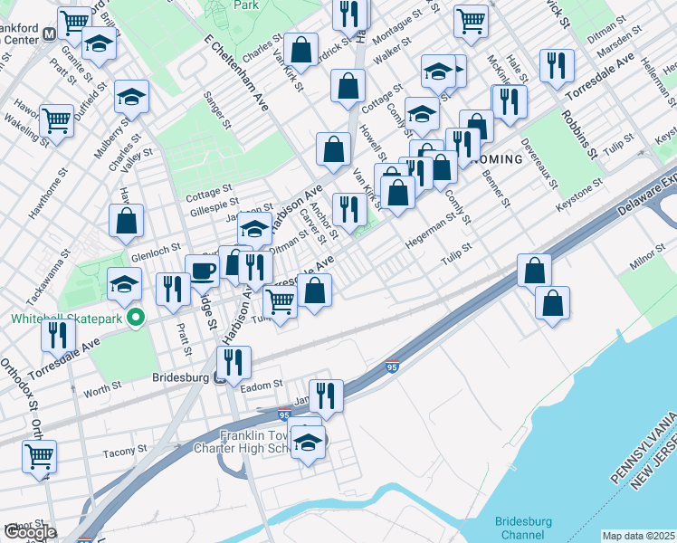 map of restaurants, bars, coffee shops, grocery stores, and more near 2122 Carver Street in Philadelphia