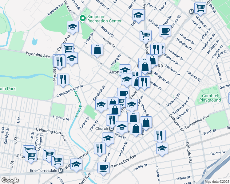 map of restaurants, bars, coffee shops, grocery stores, and more near 4446 Penn Street in Philadelphia