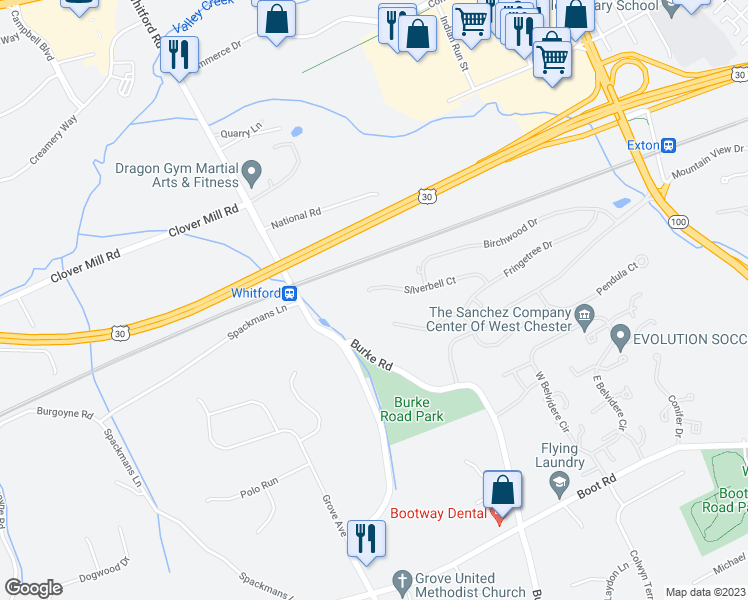 map of restaurants, bars, coffee shops, grocery stores, and more near 270 Silverbell Court in West Chester