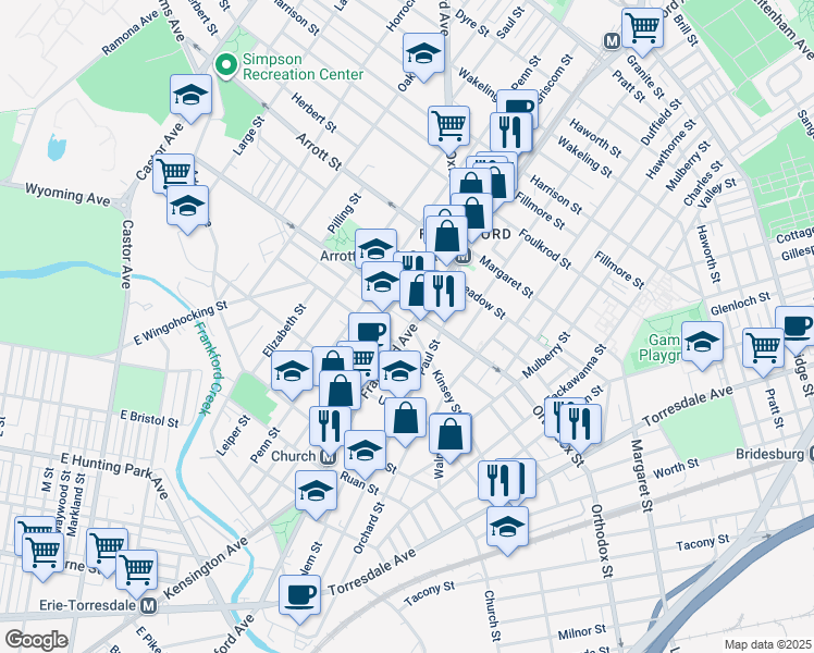 map of restaurants, bars, coffee shops, grocery stores, and more near 4522 Frankford Avenue in Philadelphia