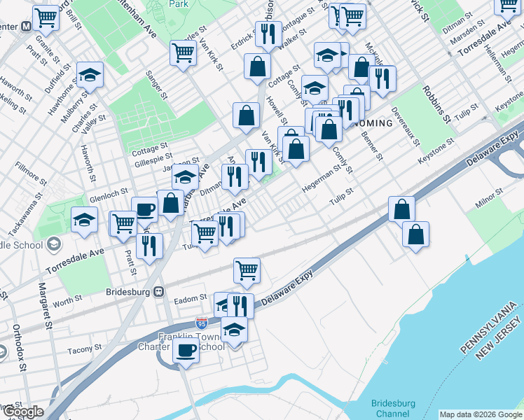 map of restaurants, bars, coffee shops, grocery stores, and more near 5627 Hegerman Street in Philadelphia