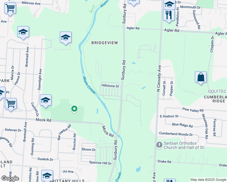 map of restaurants, bars, coffee shops, grocery stores, and more near 2163 Painted Cliff Drive in Columbus