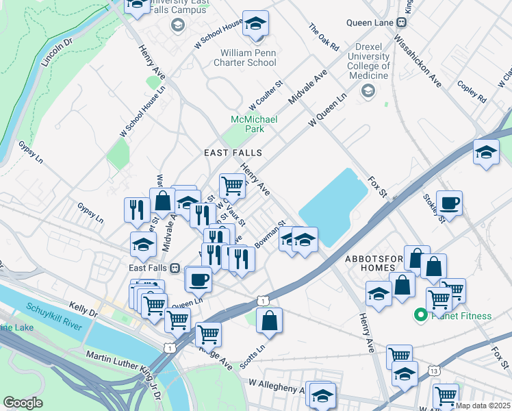 map of restaurants, bars, coffee shops, grocery stores, and more near 3327 Ainslie Street in Philadelphia