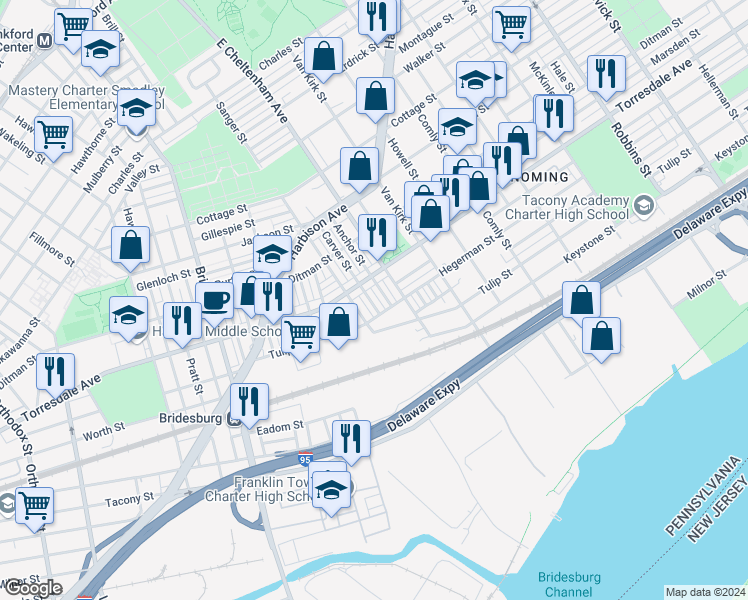 map of restaurants, bars, coffee shops, grocery stores, and more near 2129 Carver Street in Philadelphia