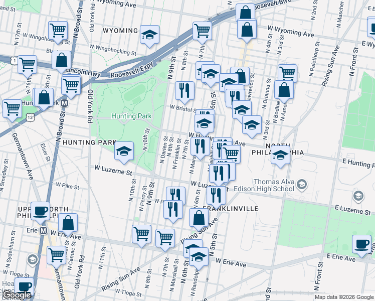 map of restaurants, bars, coffee shops, grocery stores, and more near 709 West Lycoming Street in Philadelphia