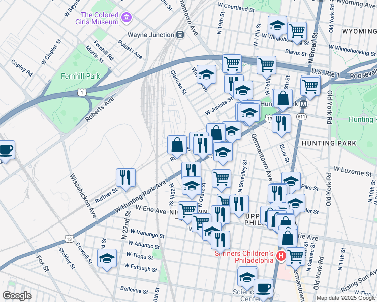 map of restaurants, bars, coffee shops, grocery stores, and more near 3948 Alfred Street in Philadelphia