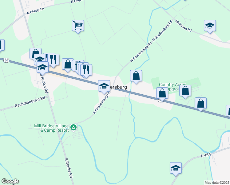 map of restaurants, bars, coffee shops, grocery stores, and more near 2898 East Lincoln Highway in Gordonville