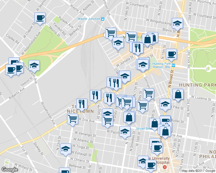 map of restaurants, bars, coffee shops, grocery stores, and more near 3948 Alfred Street in Philadelphia