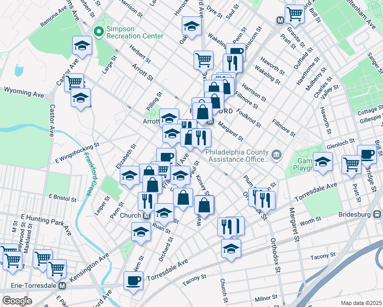 map of restaurants, bars, coffee shops, grocery stores, and more near 1617 Kinsey Street in Philadelphia