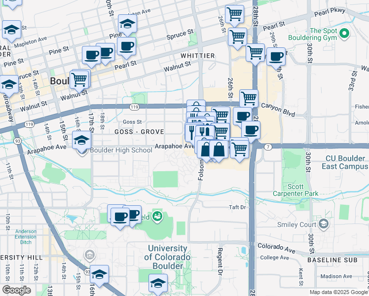 map of restaurants, bars, coffee shops, grocery stores, and more near 2350 Arapahoe Avenue in Boulder