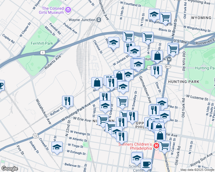 map of restaurants, bars, coffee shops, grocery stores, and more near 3952 Pulaski Avenue in Philadelphia