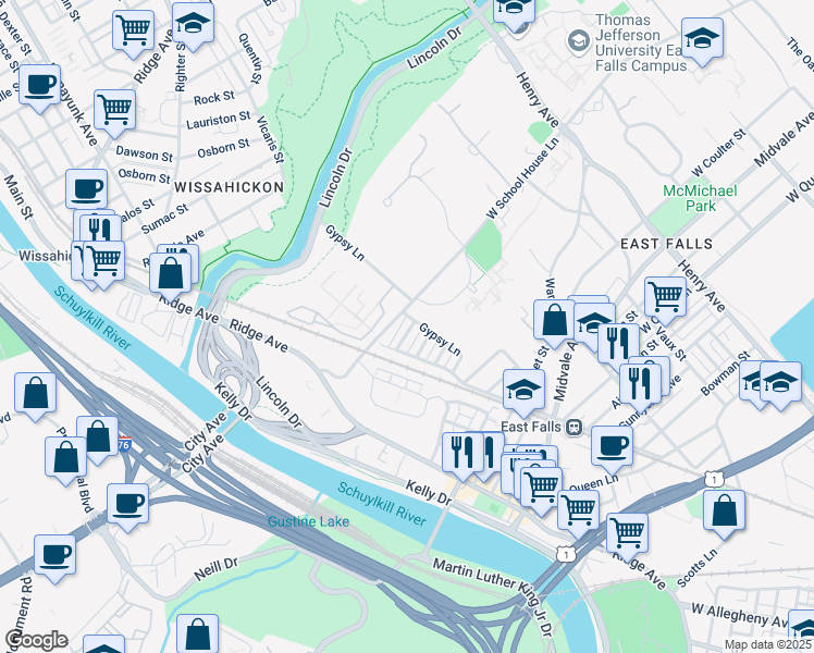 map of restaurants, bars, coffee shops, grocery stores, and more near 3613 Winona Street in Philadelphia