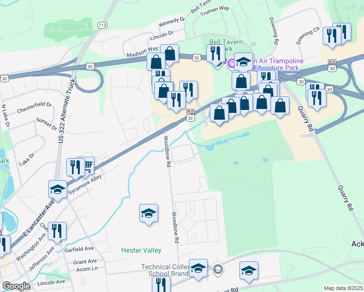 map of restaurants, bars, coffee shops, grocery stores, and more near 55 Country Club Drive in Downingtown