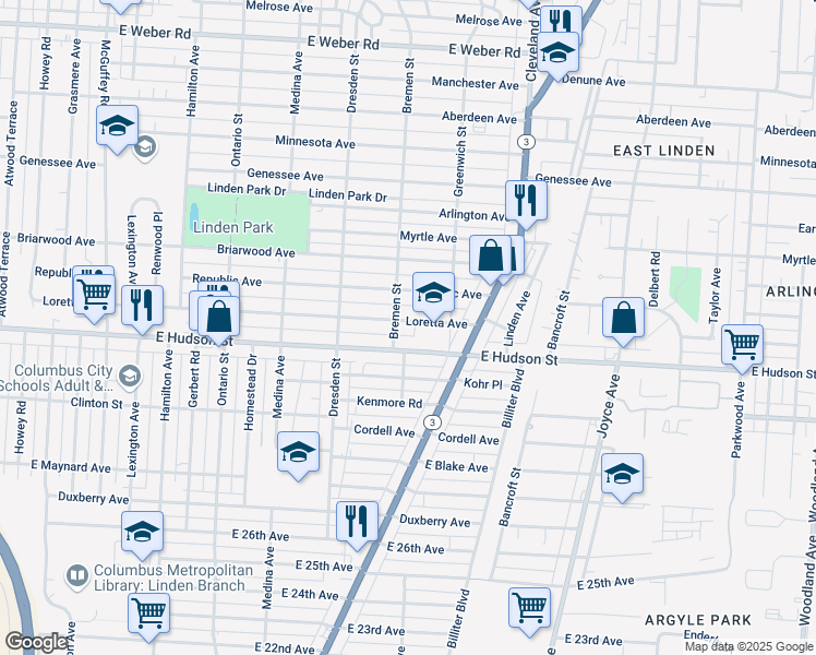 map of restaurants, bars, coffee shops, grocery stores, and more near 1514 East Hudson Street in Columbus