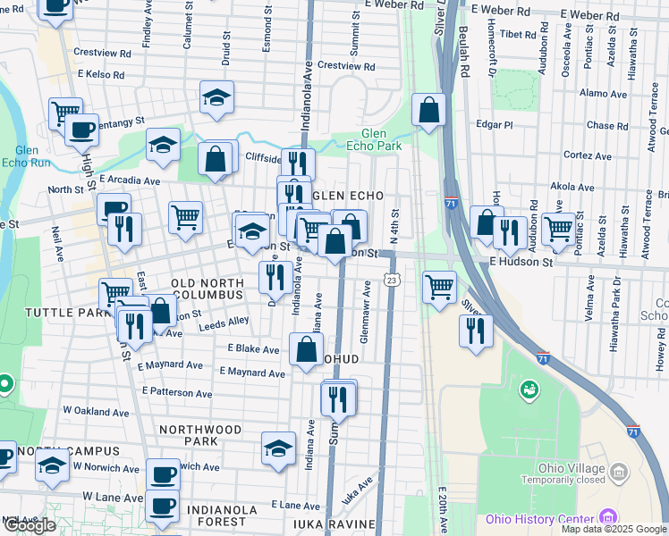 map of restaurants, bars, coffee shops, grocery stores, and more near 373 East Tompkins Street in Columbus
