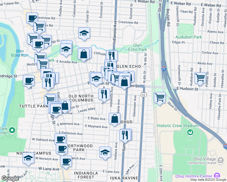 map of restaurants, bars, coffee shops, grocery stores, and more near 2481 Indianola Avenue in Columbus