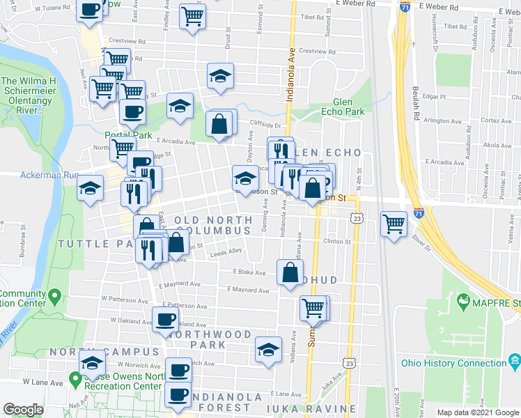 map of restaurants, bars, coffee shops, grocery stores, and more near 2498 Medary Avenue in Columbus