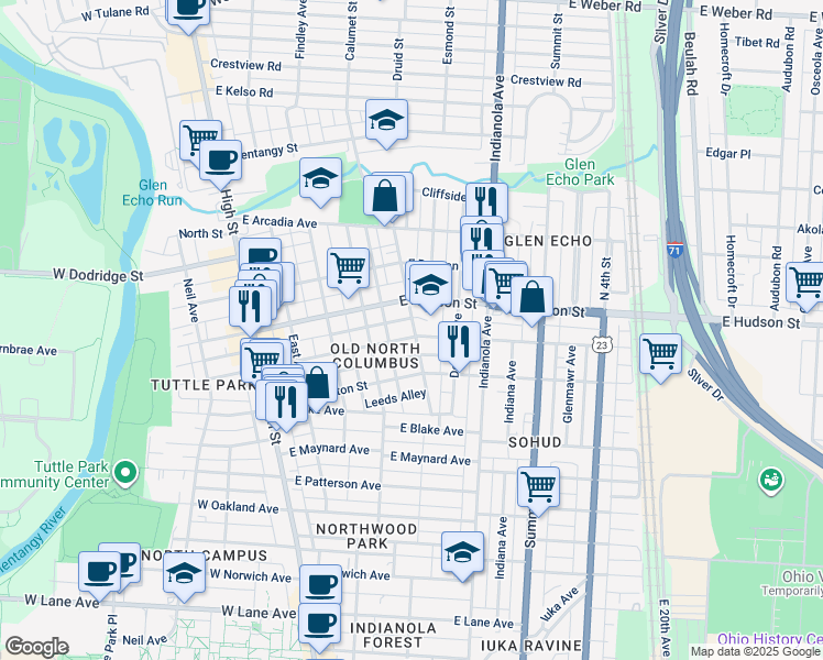 map of restaurants, bars, coffee shops, grocery stores, and more near 205 East Tompkins Street in Columbus