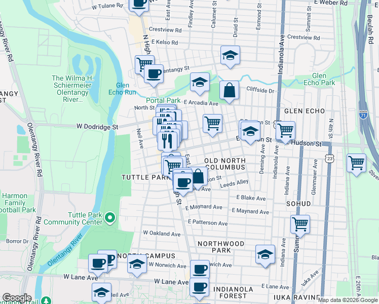 map of restaurants, bars, coffee shops, grocery stores, and more near 42 East Tompkins Street in Columbus