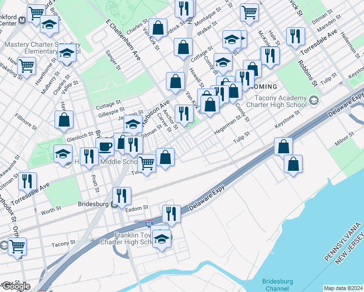 map of restaurants, bars, coffee shops, grocery stores, and more near 2127 Carver Street in Philadelphia
