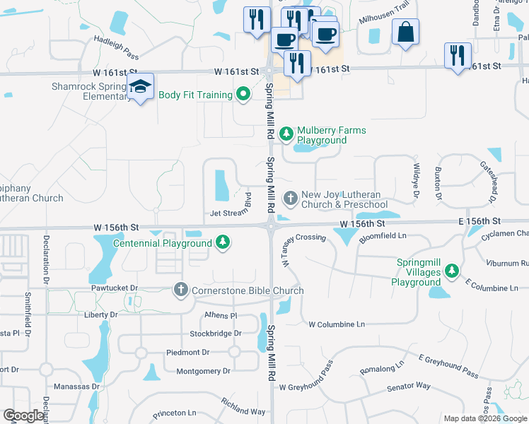 map of restaurants, bars, coffee shops, grocery stores, and more near 533 Jet Stream Boulevard in Westfield