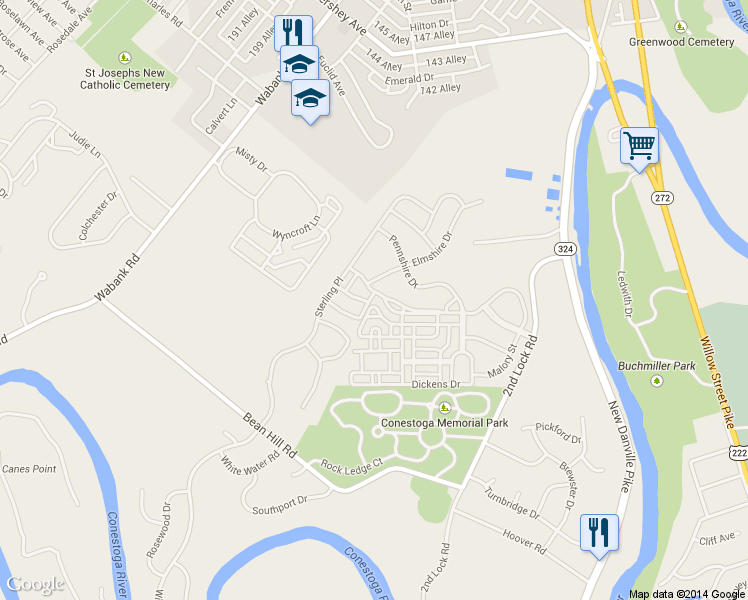 map of restaurants, bars, coffee shops, grocery stores, and more near 200 Kentshire Drive in Lancaster