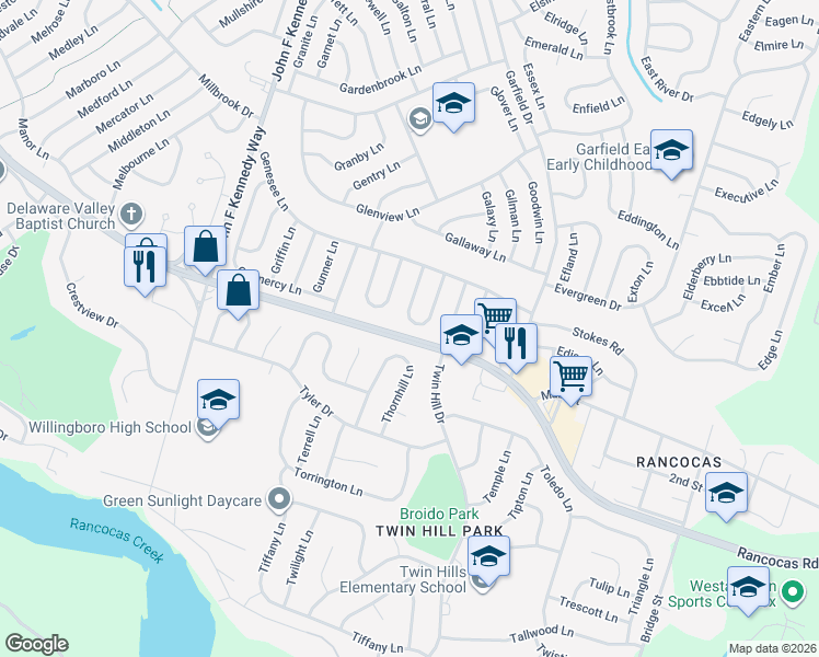 map of restaurants, bars, coffee shops, grocery stores, and more near 52 Thornhill Lane in Willingboro