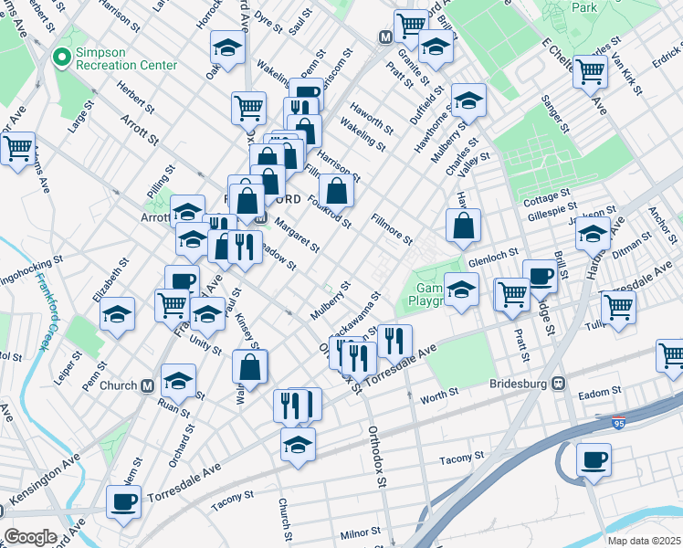 map of restaurants, bars, coffee shops, grocery stores, and more near 1738 Margaret Street in Philadelphia